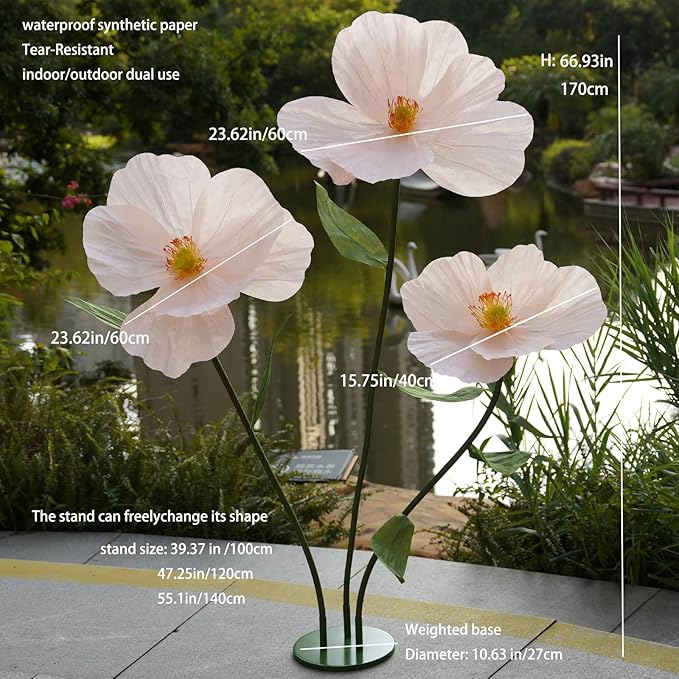 Large Paper Artificial Flowers,Giant Flowers for Decoration,Huge Handcrafted Poppy Fake Flowers with Stand for Home Decor Bridal Shower Party Outdoors Yard Event Backdrop Decor (Champagne)