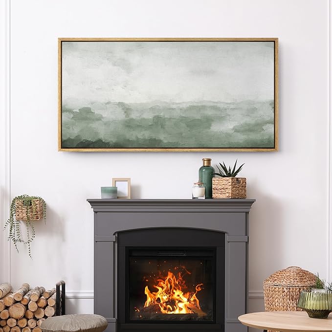 SIGNFORD Extra Large Framed Canvas Print Wall Art Misty Green Horizon Illustrations Modern Art Relax/Calm Warm for Living Room, Bedroom, Office - 60"x30"