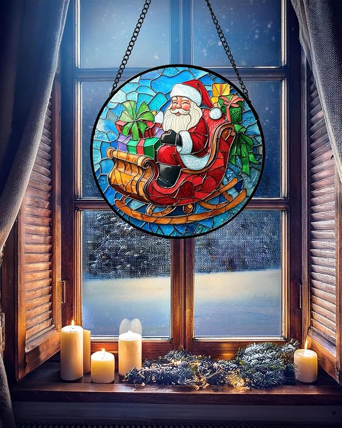Stained Glass Window Hanging - Red Santa Claus Gift Box Suncatcher for Doors Home Christmas Decoration Winter Sun Catcher Thanksgiving New Year Birthday Gift for Women Men Mom Nana 15 in
