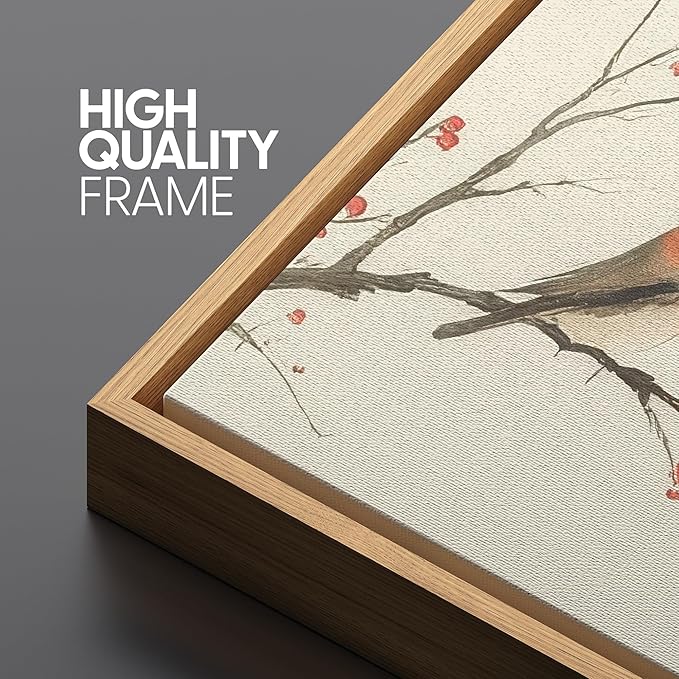 SIGNFORD Extra Large Framed Canvas Print Wall Art Minimalist Birds on Branches with Red Berries Illustrations Modern Art Relax/Calm Warm for Living Room, Bedroom, Office - 60"x30"