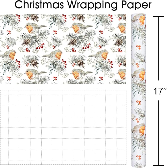 MAYPLUSS Christmas Wrapping Paper Roll - 17 In x 33 Feet - Cute Watercolor Bird Pinecone Gift Wrap Paper for New Year, Holiday, Kids