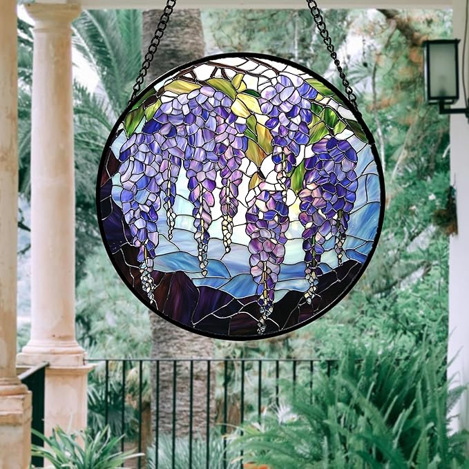 Stained Glass Window Hanging, Purple Wisteria Flowers Suncatcher for Doors Window Home Plant Sun Catchers Decoration Mother's Day Birthday Gifts for Women, Men, and Mom 7.8x7.8 in