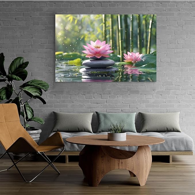 Ethereal pink lotus on obsidian Sunlit bamboo forest with sparkling water drops Poetic nature inspired wall art for tranquil homes and mindful spaces 8x12in Frameless