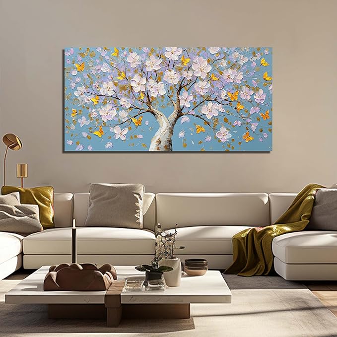 Purple Blossom Tree with Butterflies Canvas Wall Art with Gold Accents, Blue Background Abstract Picture for Living Room Bedroom Wall Decor Printed Painting Artwork Decoration Large Size 58x29 Inches