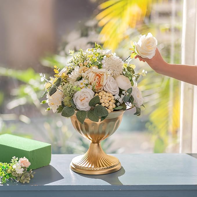 Sziqiqi Gold Metal Urn Vases: 8.6in 2 Pcs Flower Weddings Centerpieces Arrangements for Flower Compote Vase for Wedding Decorations Table Pedestal Vase Bowl for Party