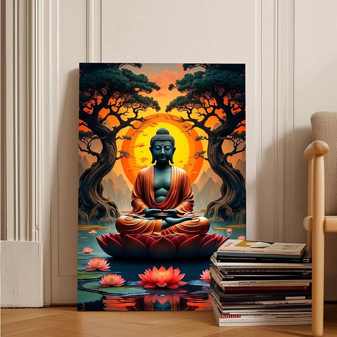 Canvas wall art Golden Buddha on lotus at sunset Ancient trees with reflections on water Serene meditation scene Uplifting wall art for mindfulness and tranquil home decor 12x18in Frameless