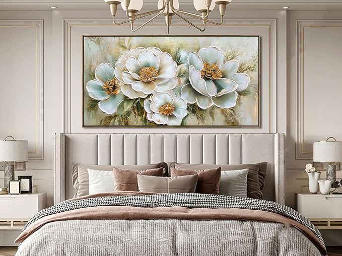 Arjun Framed Canvas Wall Art for Bedroom, Large Wood Frame Vintage Flower Painting Living Room Textured Artwork Gold Picture Bloosom Dining Room Kitchen Home Office Wall Decor, 48"x24"