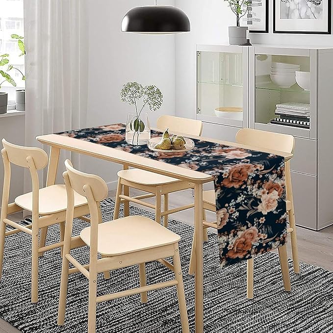 Vintage Flower Table Runner, Boho Black Dark Floral Plant Bohemian Watercolor Spring Garden Botanical Art Table Cover for Holiday Farmhouse Kitchen Dining Table Decor, 13x90inch