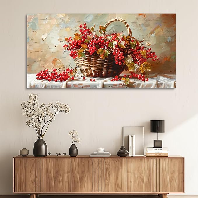 hyidecorart Large Canvas Print Wall Art Rustic Dining Room Artwork For Walls Still Life Bamboo Basket And Fruit Vintage Wall Decor Pictures For Living Room Farmhouse Kitchen Bar Office Posters 30x60