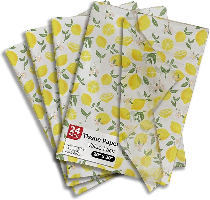 Pro Supply Global - Bulk Elegant Summer Lemons Tissue Paper Wrapping Gift Bags, Crafts DIY Project Party Decorations Packaging - Creative Uses for Wedding Birthday & Holiday Events - 24 Sheets 20"x30"