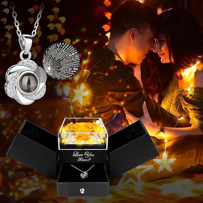 Preserved Yellow Real Rose-Eternal Flowers Rose Gifts for Mom Grandma Wife Girlfriend on Mothers Day Birthday Valentines Christmas Anniversary Romantic Gifts for Her with I Love You Necklace