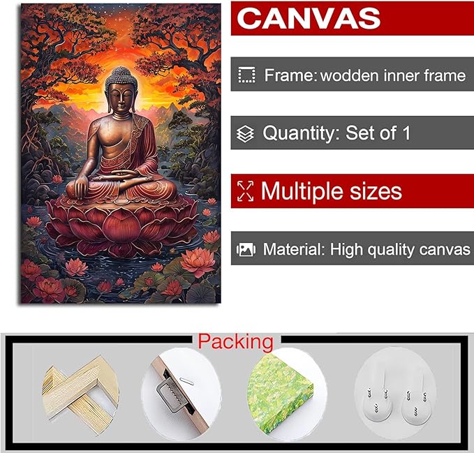 Golden Buddha on lotus seat serene meditation statue amidst lush trees flowing water and sunrise light spiritual home art for a tranquil decor 16x24in Wood Framed