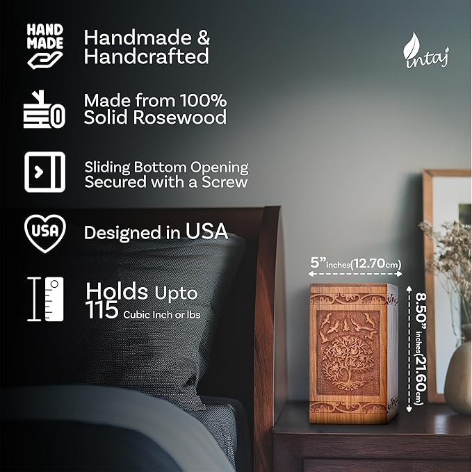 INTAJ Tree of Life Wooden Urn for Human Ashes, 115lbs Capacity, Suitable for Burial for Men, Women, Mom, Dad - Mini Rosewood Keepsake Cremation Urn for Ashes Handcrafted - Wooden Carved Box