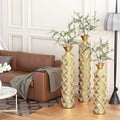 Metal Floor Vases Decorative, Set of 3 Flower Arrangement Stand, Metal Decorative Vase Tall Distressed Metallic Centerpiece Vases with 3D Triangle Pattern, 33.5", 29.5", 25.2" H (Antique Gold)