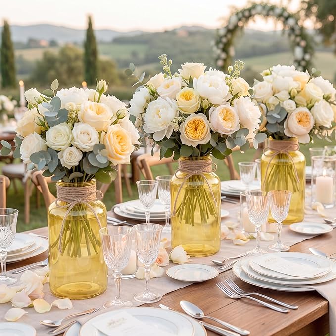 Vintage Glass Flower Vase，6 Pack Gold Amber Farmhouse Glass Centerpiece Vases Mason Jars for Weddings, Parties & Home Decor Bulk (6, Gold)