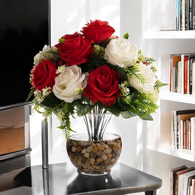ENOVA FLORAL 18 Heads Silk Rose Artificial Flowers in Vase,Faux Rose Flowers Arrangement in Round Bowl Vase with Faux Water and River Rock for Table Decor Centerpieces (Cream Red)