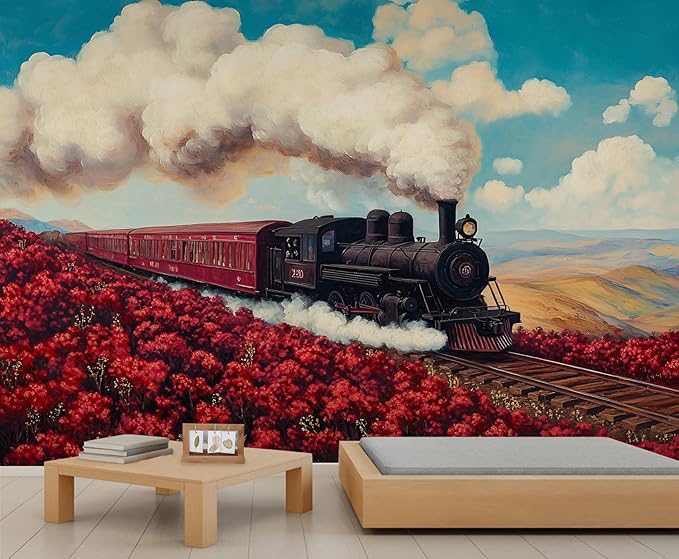 Vintage Train Wall Mural, Steam Engine Landscape 3D Wall Murals, Train Through Flower Field Wallpaper Mural, for Living Room Bedroom Large Wallpaper Indoor Decor 98.4" W x68.9 H