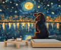 Dog and Moon Night Sky Wall Mural, Starry Night Cityscape 3D Wall Murals, Nighttime Dog Reflection Wallpaper Mural, for Living Room Bedroom Large Wallpaper Indoor Decor 137.8" W x100 H