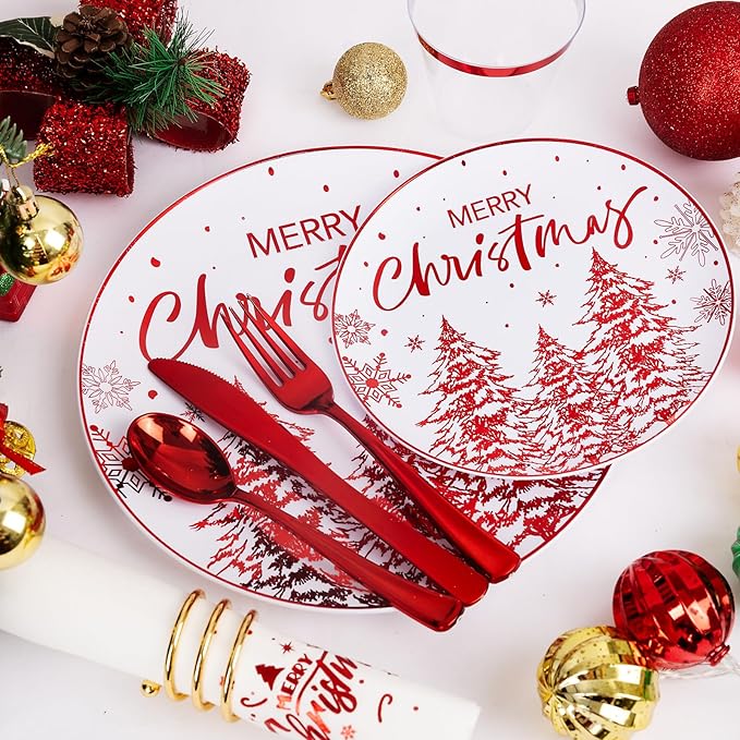 Rubtlamp 175 Pcs Christmas Plastic Plates And Napkins, Christmas Plates Disposable, White And Red Plastic Dinnerware Include 25Dessert Platos, 25Dinner Platos, 75 plastic cultery, 25Cups, 25Napkins