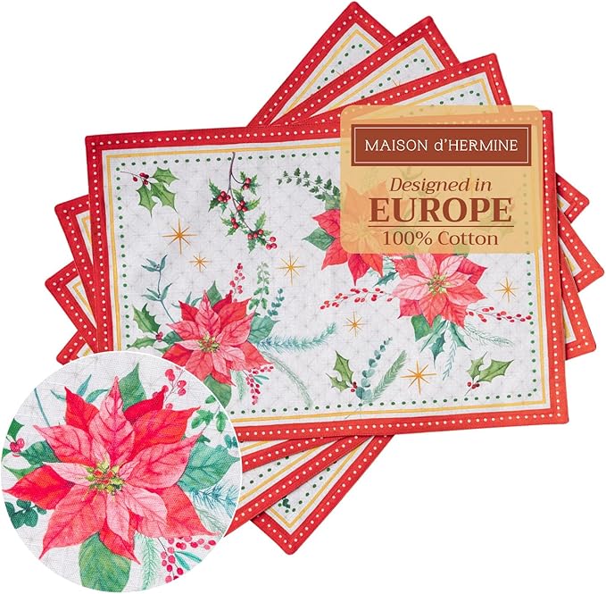Maison d' Hermine Placemats Set of 4 100% Cotton Washable Cloth Place Mats, Reusable Table Mats for Thanksgiving Christmas Decorations Kitchen Dining Party Wedding (Poinsettia Christmas, 13" x 19")