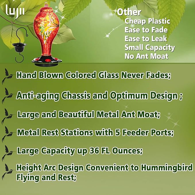 LUJII Hummingbird Feeders for Outdoors, Hand Blown Glass, Never Fade, 36 Fluid Ounces, 5 Feeding Stations, Much Bigger, Garden Backyard Decorative, Containing Ant Moat (Red)
