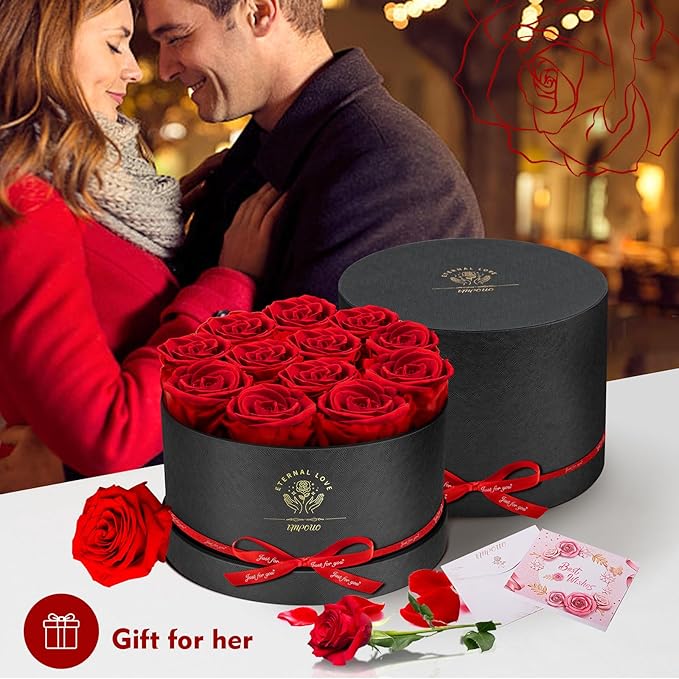 Forever Flowers,12 Red Roses in A Box, Real Preserved Roses, Birthday Gift for Women, Mother's Day, Anniversary Day- Red Roses