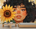 KIREUPA Sunflower Woman Art Wall Mural, Curly Hair Girl with Sunflower 3d Wall Murals, Modern Portrait and Flower Wallpaper Mural, for Living Room Bedroom Large Wallpaper Indoor Decor 197" W x124.8 H