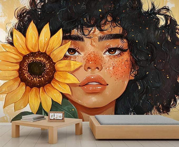 Sunflower Woman Art Wall Mural, Curly Hair Girl with Sunflower 3d Wall Murals, Modern Portrait and Flower Wallpaper Mural, for Living Room Bedroom Large Wallpaper Indoor Decor 118"W x 82.6 "H