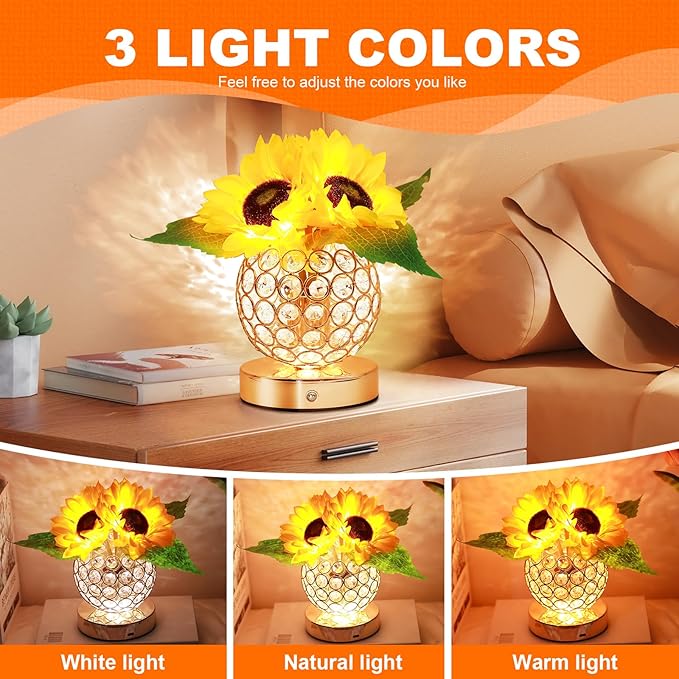 Sunflower Gifts for Women,Sunflower Flower Home Decor Touch Table Lamp,3-Colour Dimming Rechargeable Cordless Small Night Light for Festival Housewarming Birthday Gift for Mom