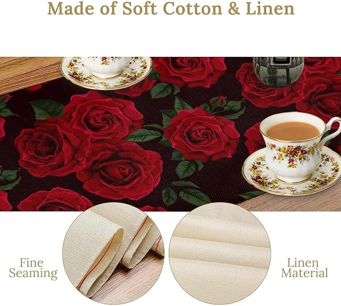 Red Rose Table Runner,Romantic Spring Summer Seasonal Table Runner for Indoor Outdoor Holiday Home Wedding Party 13x60 Inch