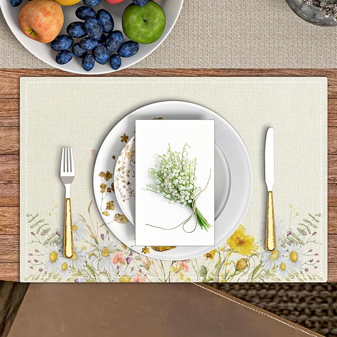 Wildflowers Placemats Set of 4, Floral Table Mat for Home Kitchen, Restaurants, Outdoor Linen Washable Place Mats 12x18 inch Party Event Dining Decoration-11