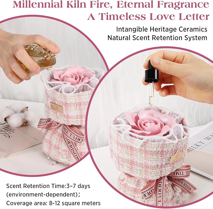 Handmade Ceramic Memorial Gift - Eternal Pink Rose Bouquet with Natural Fragrance, Ceramic Craft Artwork, Perfect for Women, Mothers, Wives, Her Birthday Gift‌