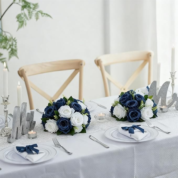 Flower Centerpieces for Wedding Tables: Wedding Table Decorations Navy Blue & White Flower Balls Centerpieces for Engagement Cerebration Party Center Pieces 10 Packs