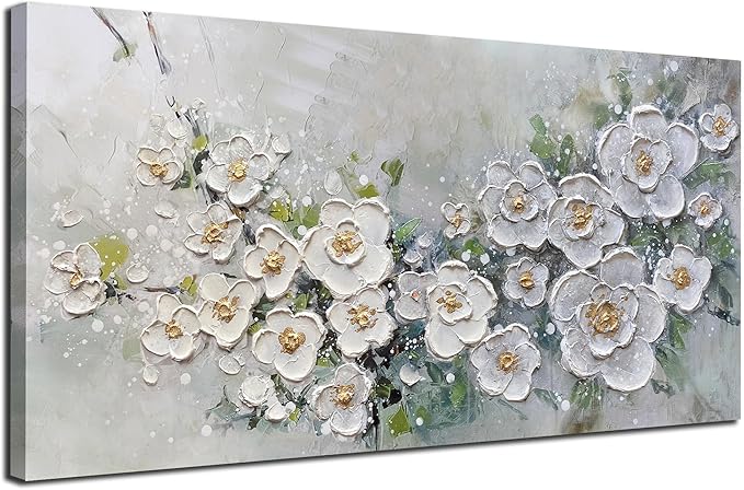 Brushart White Flower Wall Art Textured Floral Canvas Art Wall Decor Living Room Large Picture Wall Art Paintings Artwork for Walls Bedroom Home Office, 58"x29"