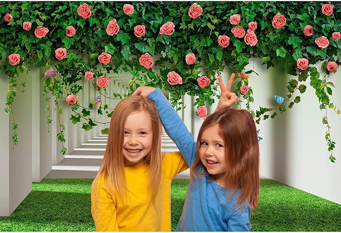 Rose Flowers Backdrop Red Rose Flowers and Green Leaves with Butterflies Photography Background Spring Alley Green Grass Backdrops Outdoor Wedding Party Decorations Photo Studio Props 10x6.5ft