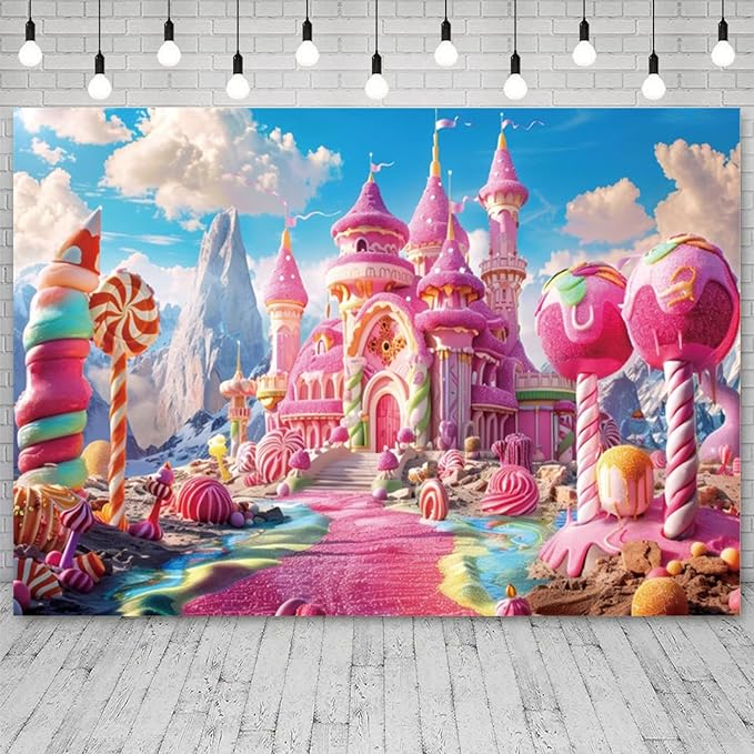 15x10ft Pink Fantasy Castle Backdrop Candy Land Sweet Candy House Photography Background Baby Shower Sweet Girl Princess Birthday Banner Decorations Kids Artistic Portrait Photo Booth Prop