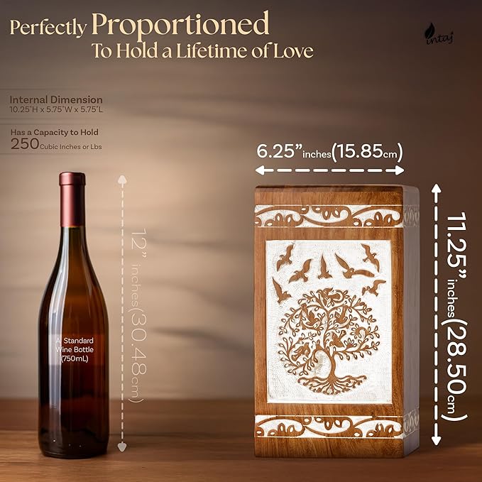 INTAJ Antique White Tree of Life Rosewood Urn for Human Ashes Adult Male Female - 250 lbs Capacity Wooden Cremation Urn Box Suitable for Burial Funeral Decorative Spiritual Memorial Casket
