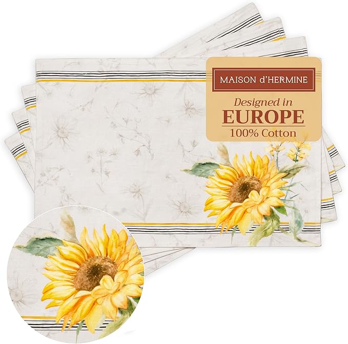 Maison d' Hermine Placemats Set of 4 100% Cotton Washable Cloth Place Mats, Reusable Table Mats for Kitchen Dining Decoration, Party, Wedding, Restaurant Spring/Summer (Candice, 13" x 19")