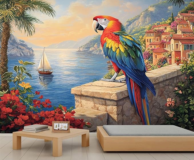 KIREUPA Macaw Parrot Wall Mural, Coastal Mediterranean Parrot 3d Wall Murals, Sunset Seaside Village Scene Wallpaper Mural, for Living Room Bedroom Large Wallpaper Indoor Decor 118" W x 82.6 "H