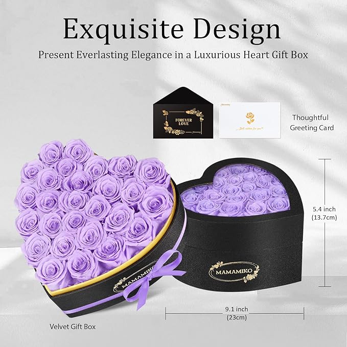 27 Preserved Roses in Heart Shape Gift Box for Her - Forever Flowers for Delivery, Eternal Rose Mothers Gifts for Mom, Wife Anniversary Birthday Gifts for Women, Purple
