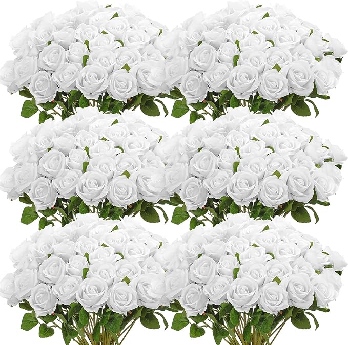Jexine 50 Pcs Artificial Rose Flower Bulk Realistic Silk Fake Roses with Long Stem Plastic Artificial Flower Bouquet Real Looking for Home Wedding Centerpieces Party Decoration(Pure White)