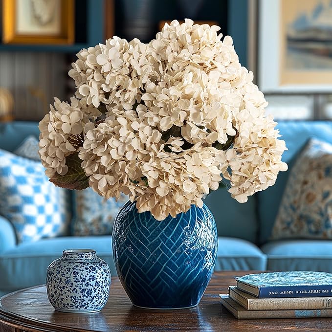 Artificial Flower Fake Silk Hydrangea Heads Bouquet with Stems Bulk for Fall Decoration Table Center Christmas Indoor Outdoor Faux Floral Realistic with Leaves Plants Crafts 8PCS(White)