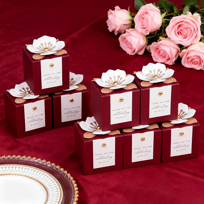 FEIYI 20 PCS Candy Boxes, 3 In 1 Burgundy Favor Boxes with Floral Decor, White Thank You Tags Gift wrapping for Wedding Birthday Baby Shower Decorations Party -2.55x2.55x2.55''