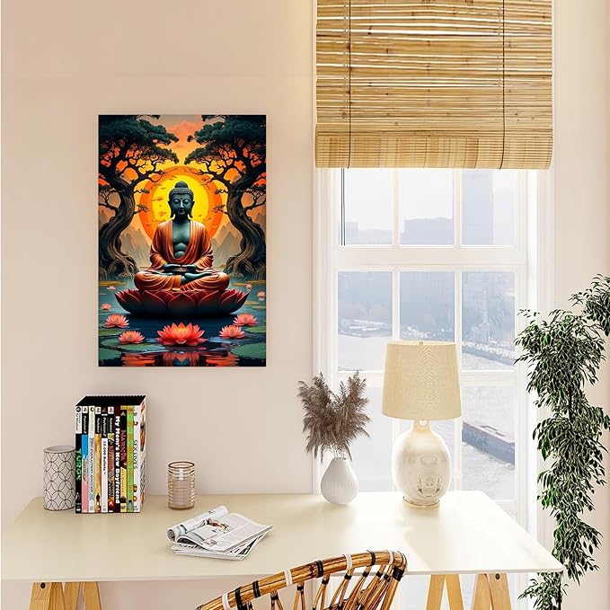 Canvas wall art Golden Buddha on lotus at sunset Ancient trees with reflections on water Serene meditation scene Uplifting wall art for mindfulness and tranquil home decor 8x12in Frameless