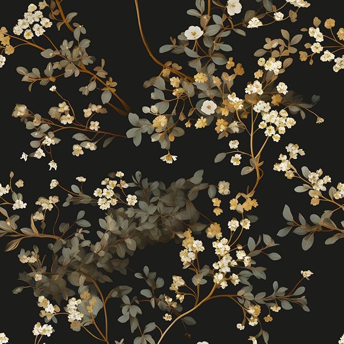 Black Floral Wallpaper Classic Leaves Wall Paper 17.4" x 118" Dark Moody Contact Paper Vintage Chinoiserie Watercolor Self Adhesive Covering for Bedroom Bathroom Cabinet Home Decor Beige Gold