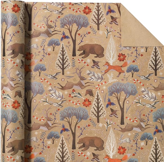 WRAPAHOLIC Kraft Christmas Wrapping Paper - Mini Roll - 17 Inch x 33 Feet - Christmas Animal Wrapping Paper and Tree Elements for Holiday, Party Celebration