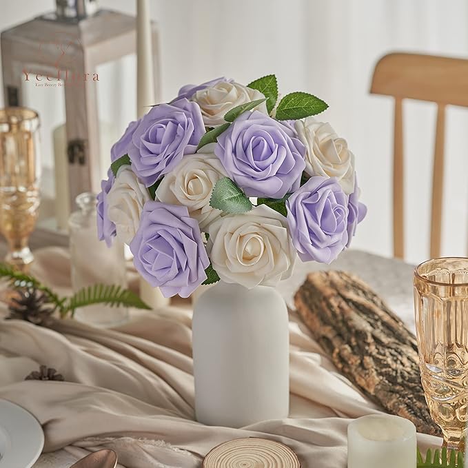 Artificial Flowers, 25pcs Artificial Rose for DIY Wedding Bouquets Centerpieces Arrangements, Purple Foam Rose with Stem for Bridal Shower Party Home Decorations