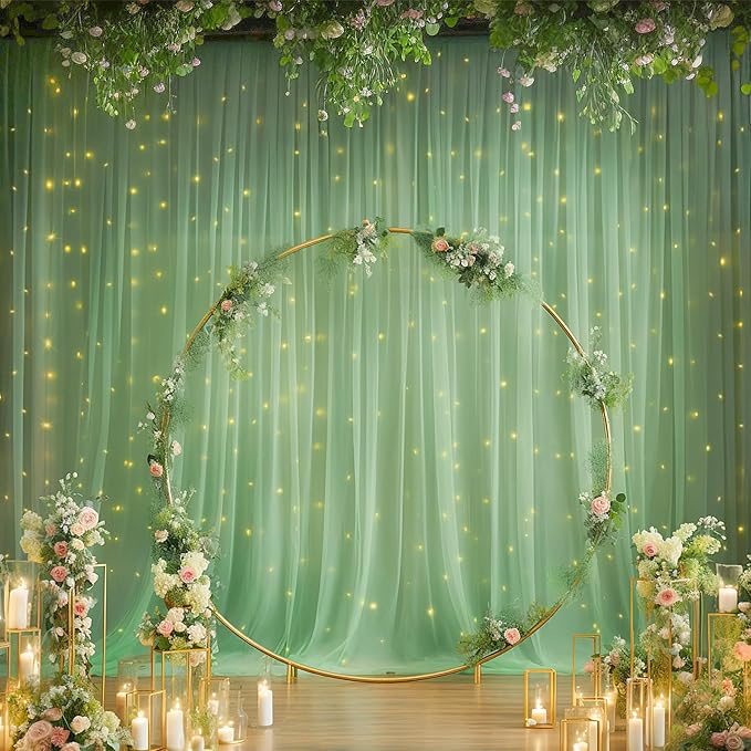 10ft x 10ft Green Backdrop Curtain with Lights String for Parties, Sheer Tulle Wedding Photo Backdrops Drapes for Baby Shower Birthday Party Decorations Background for Photography