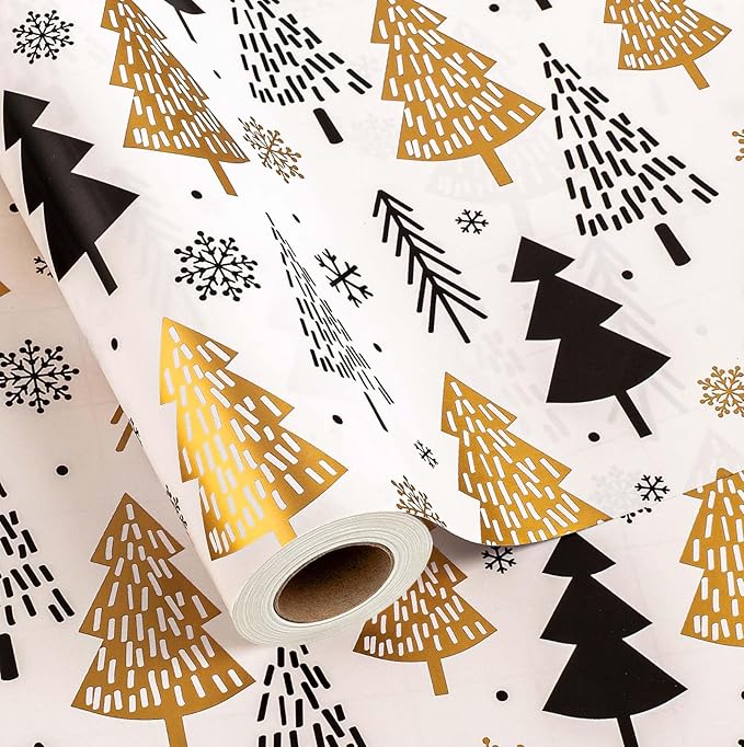 MAYPLUSS Christmas Trees Wrapping Paper - 17 Inch X 33 Feet - Minimalistic Elegant Christmas Trees with Gold Design Winter Holiday Gift Wrap Sheet for Party, DIY Crafts & Festive Decoration