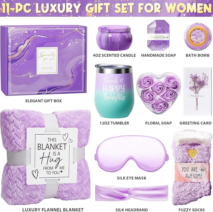 Birthday Gifts for Women Self Care Gifts Get Well Soon Gifts, Lavender Relaxing Spa Gifts Basket Care Package w/ Luxury Flannel Blanket, Unique Christmas Gifts Idea for Mom Her Friend Sister Wife